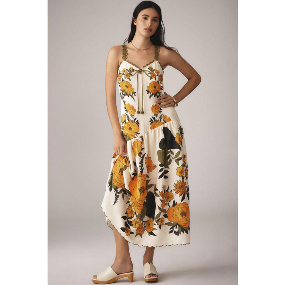 FARM Rio Cream Midi Dress with Yellow Floral Print